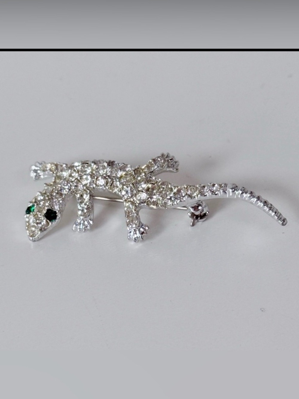 Vintage 1960’s Silver-Tone Pave Clear Rhinestone Green Eyes Gecko/Lizard Brooch